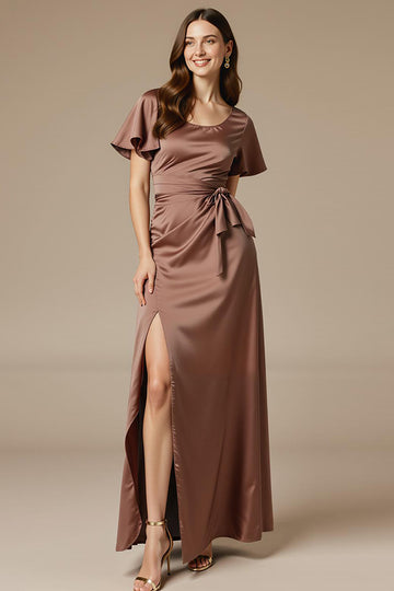 Coffee Satin Round Neck Maxi A Line Evening Dress